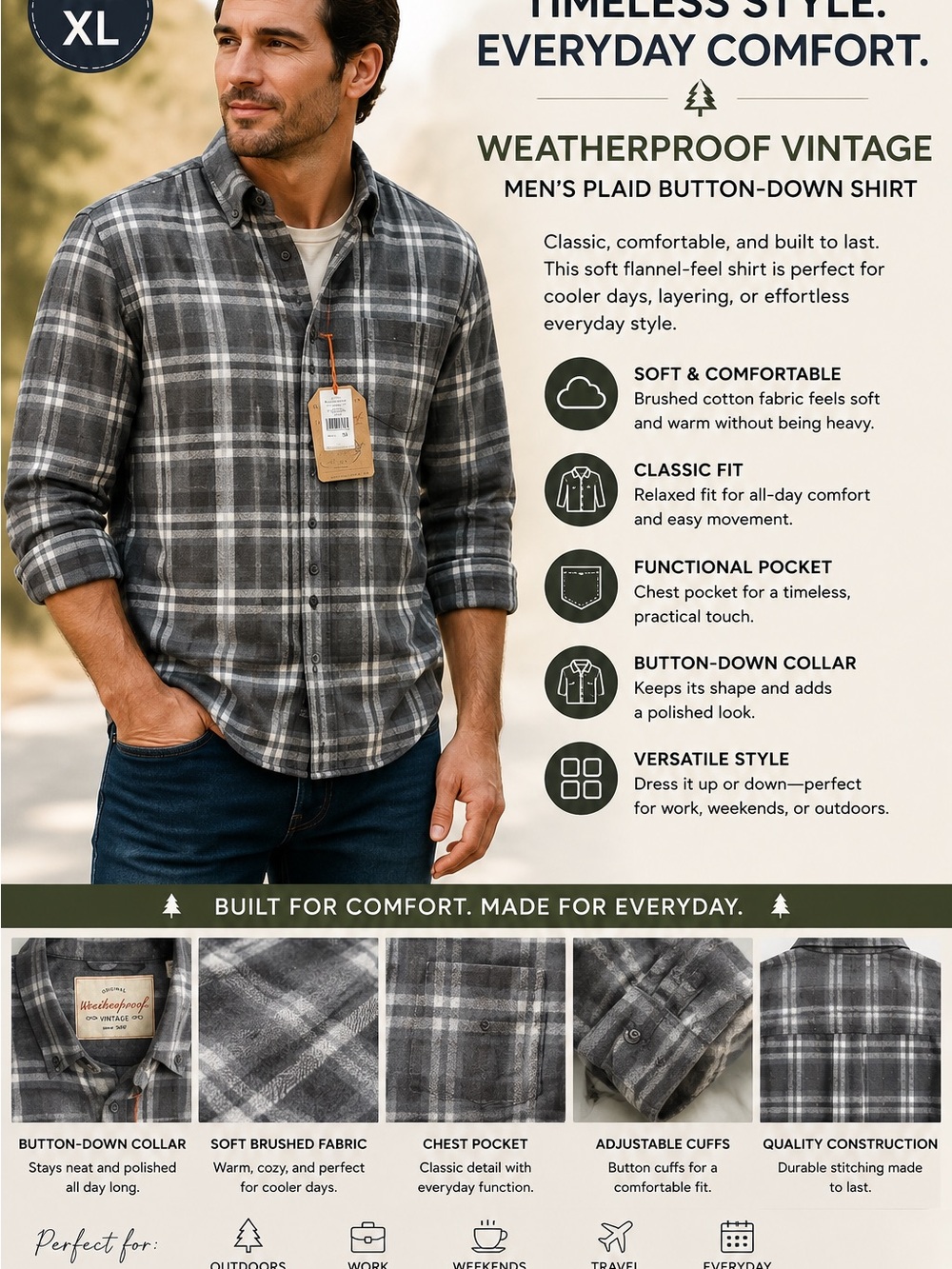 Weatherproof Men's Charcoal Gray Plaid Button-Down Shirt